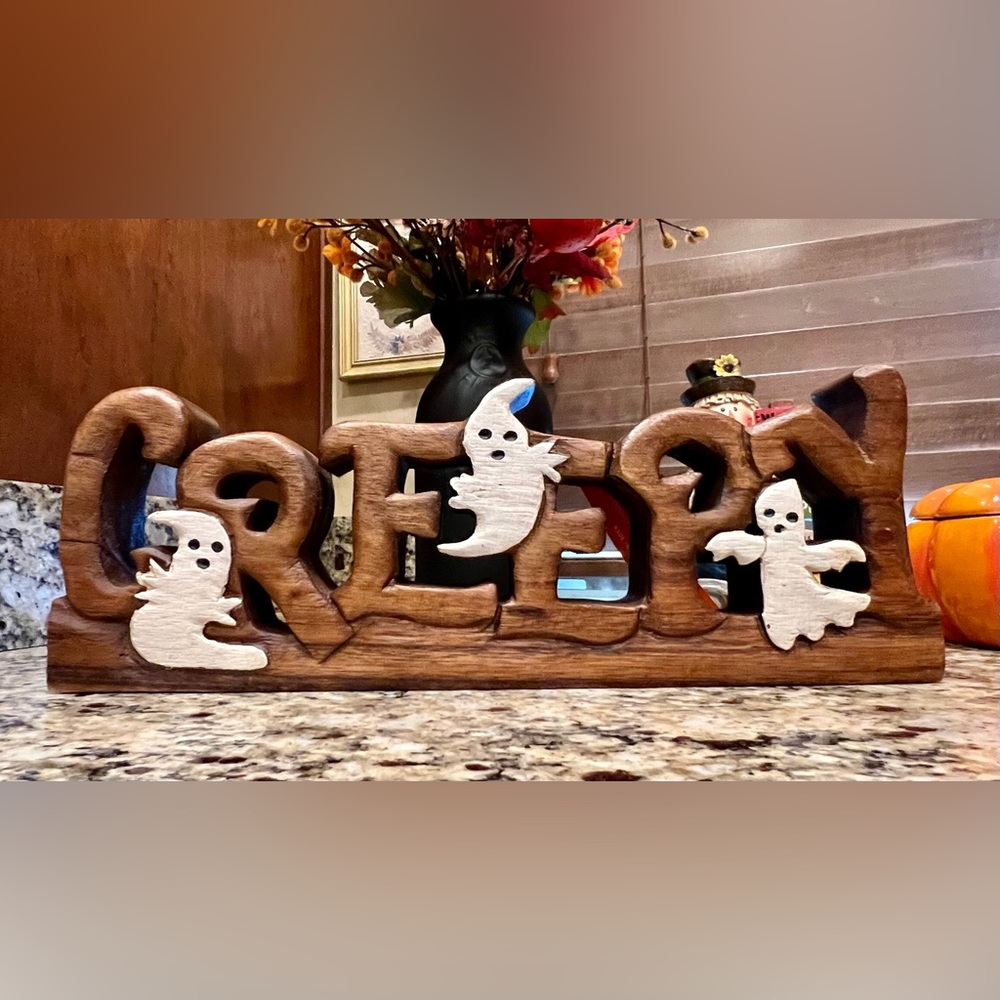 Naturally DANNY SEO 14"X 5"X2”CREEPY Halloween Ornament Handcrafted Acacia Wood